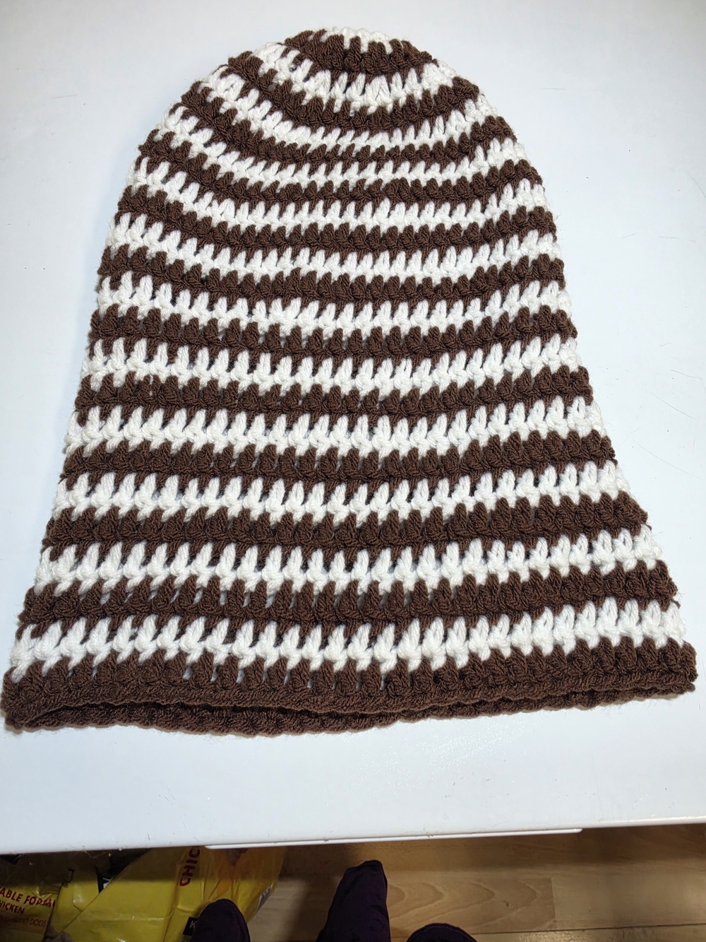 Striped Brown & White Crochet Beanie - Men's Sweater Hat